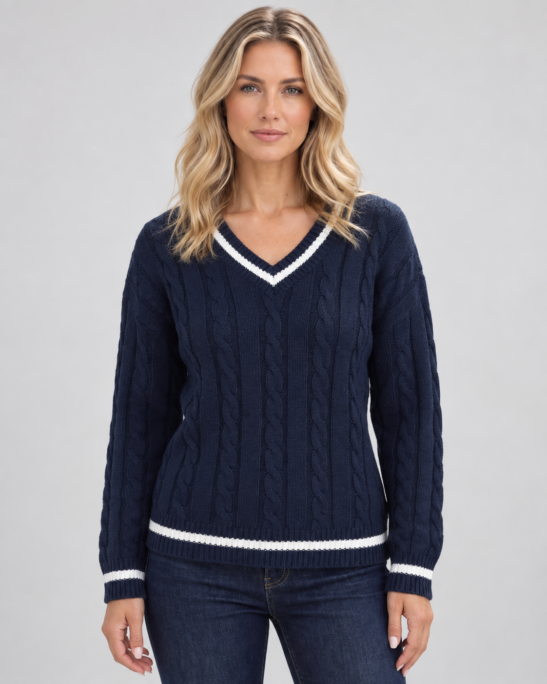 Women's Cable Knit Jumper with V Neck