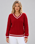 Women's Cable Knit Jumper with V Neck
