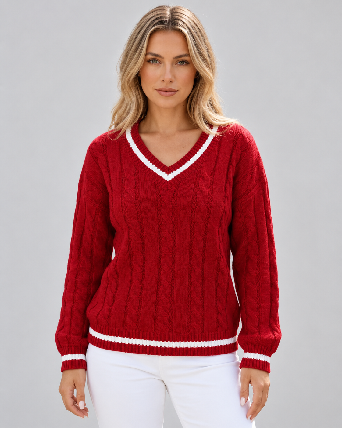 Women's Cable Knit Jumper with V Neck