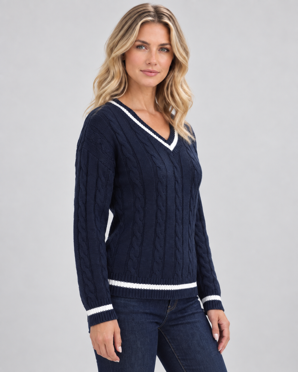 Women's Cable Knit Jumper with V Neck