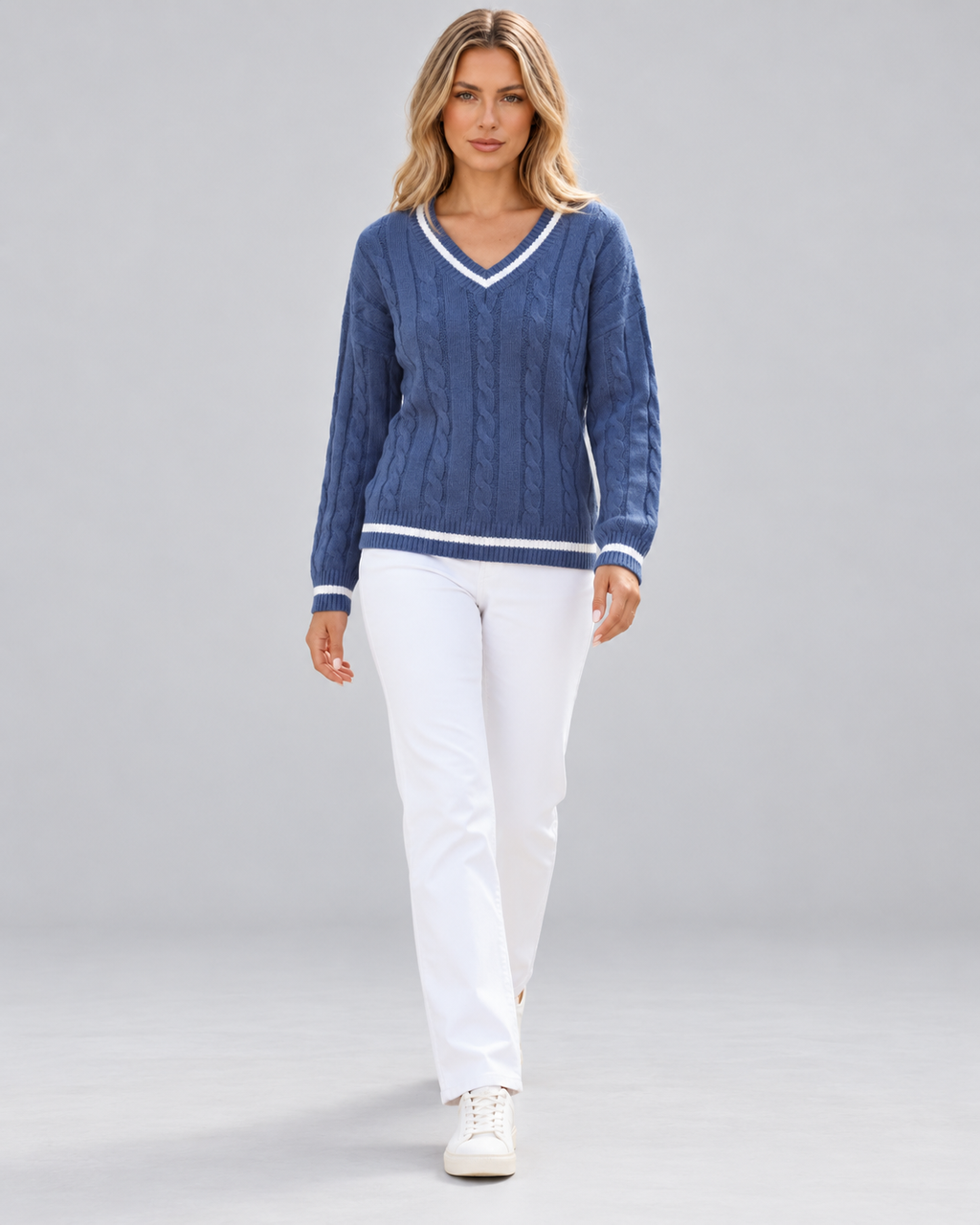 Women's Cable Knit Jumper with V Neck
