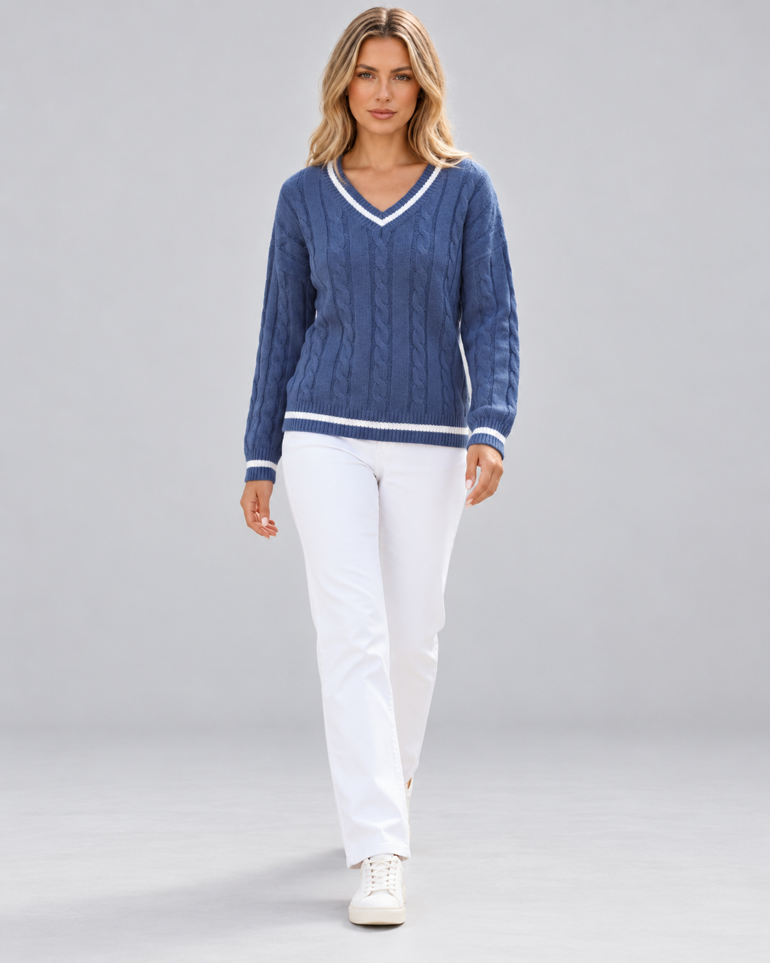 Women's Cable Knit Jumper with V Neck