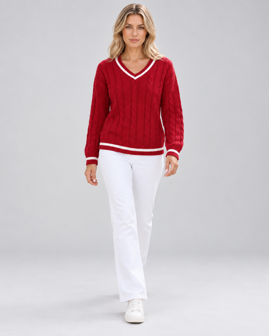 Women's Cable Knit Jumper with V Neck