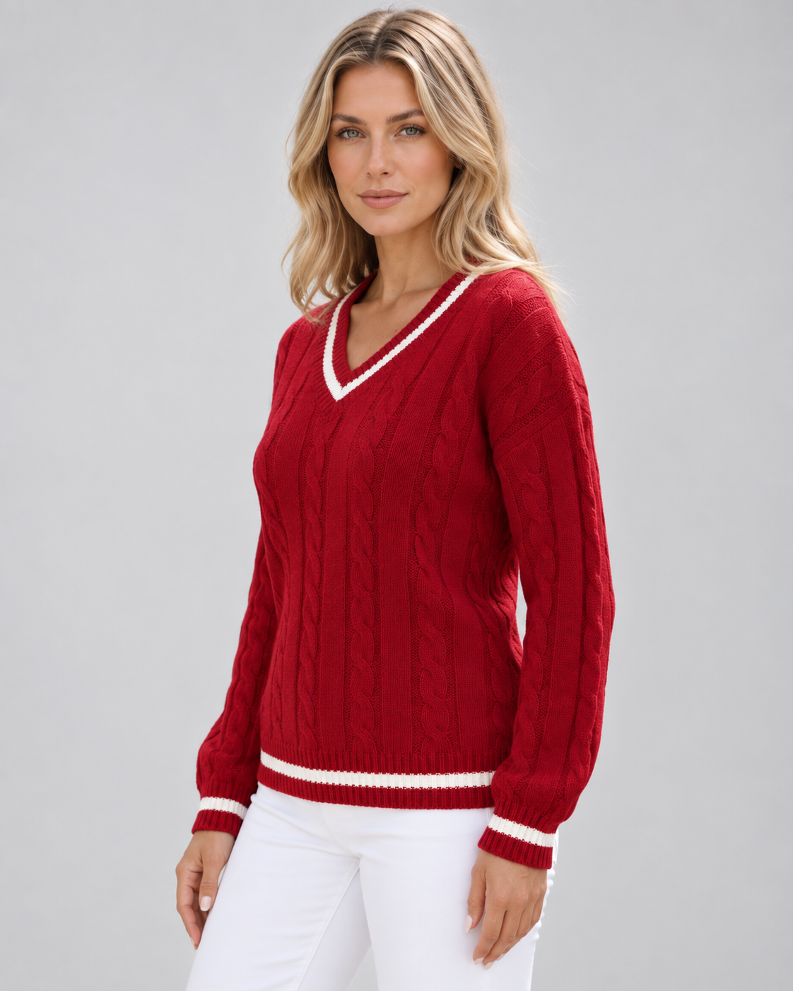 Women's Cable Knit Jumper with V Neck