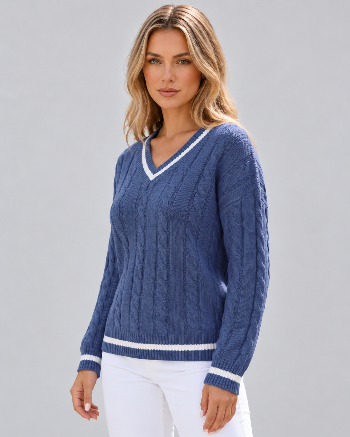 Women's Cable Knit Jumper with V Neck