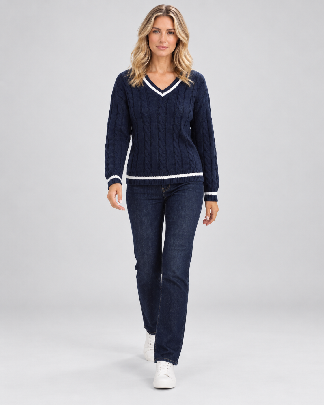 Women's Cable Knit Jumper with V Neck