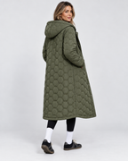 Women's Longline Quilted Hooded Coat with Zip Front and Snap Buttons