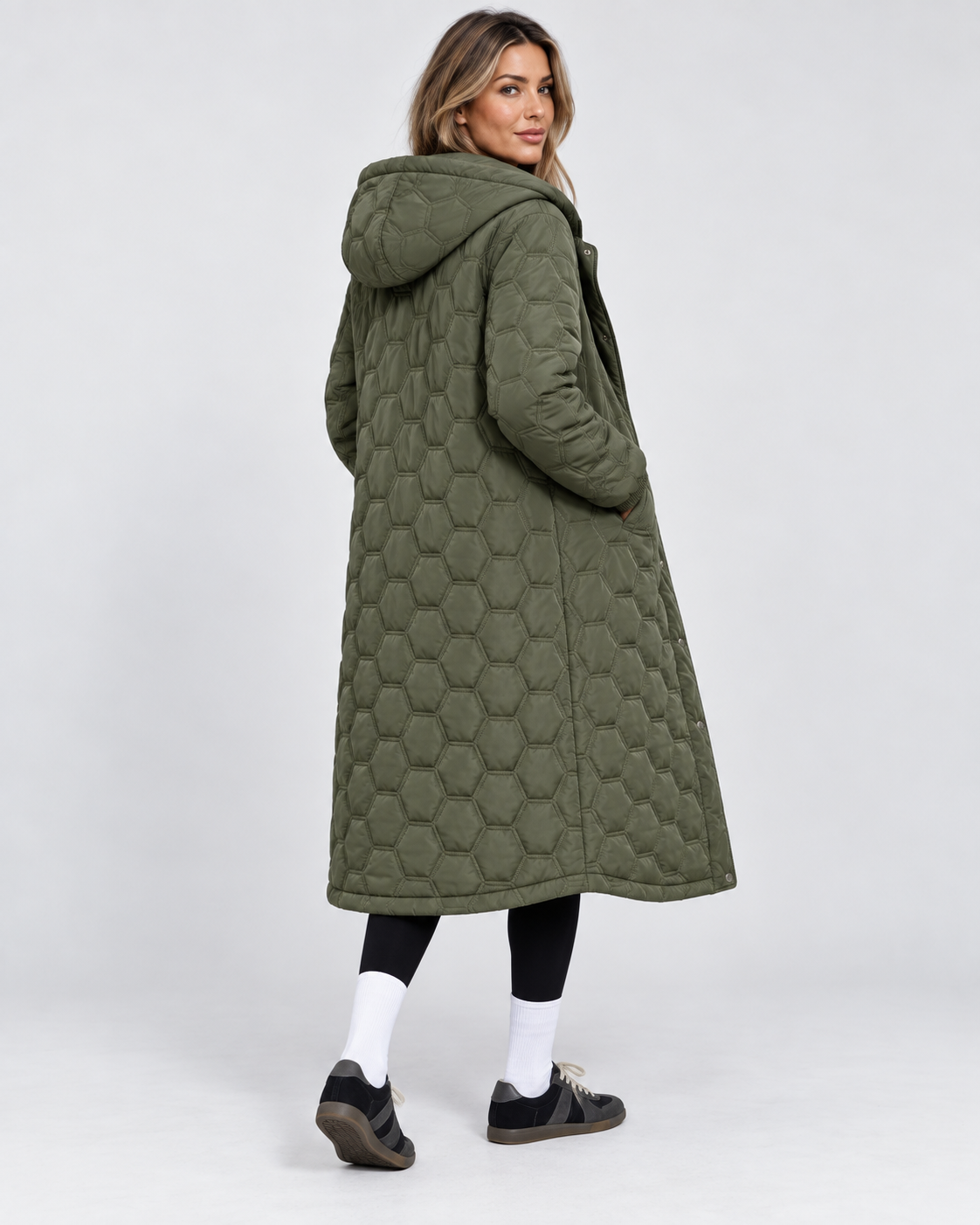 Women's Longline Quilted Hooded Coat with Zip Front and Snap Buttons