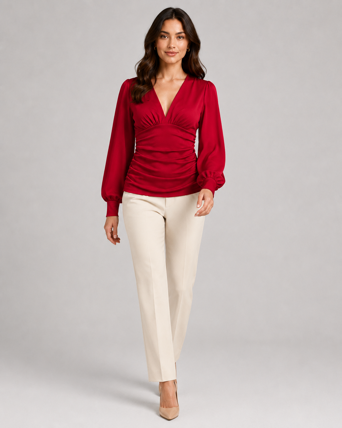 Women's Deep V Neck Blouse | Ruched Waist Long Sleeve Satin Top