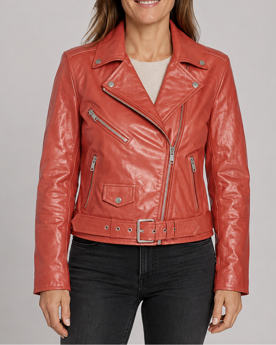 Women's Faux Leather Biker Jacket | Belted Asymmetric Zip Moto Coat