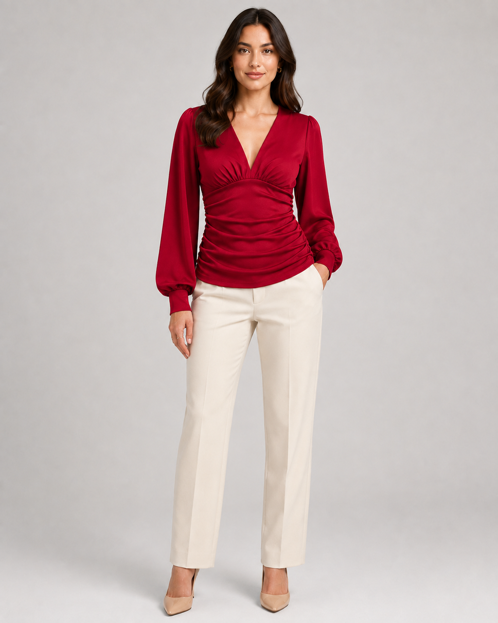 Women's Deep V Neck Blouse | Ruched Waist Long Sleeve Satin Top