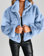 Women's Oversized Faux Fur Jacket with Stand Collar and Zip Front