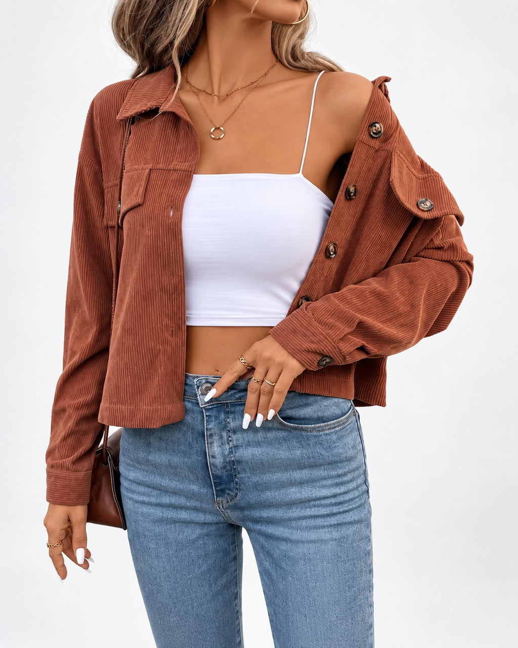 Women's Corduroy Jacket with Chest Pockets and Button Front