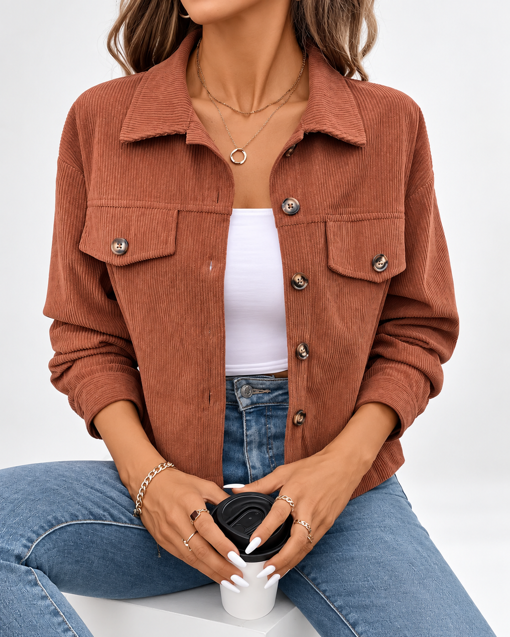 Women's Corduroy Jacket with Chest Pockets and Button Front