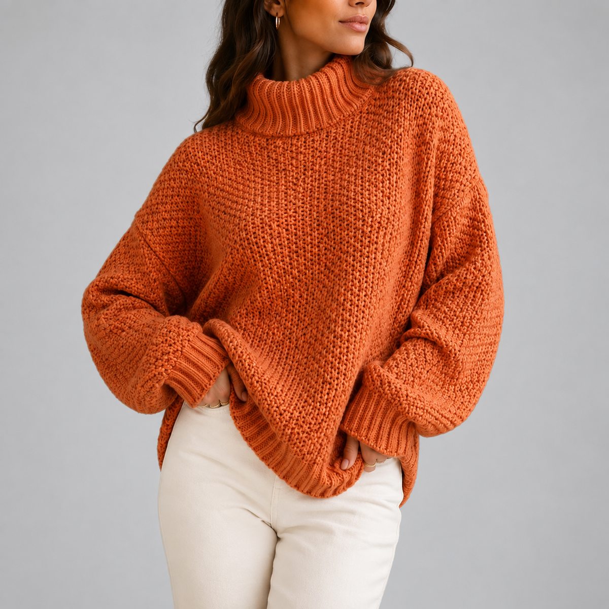 Women's chunky turtleneck knit jumper in orange