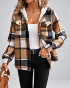 Women's Fleece Lined Plaid Jacket with Hood and Button Front
