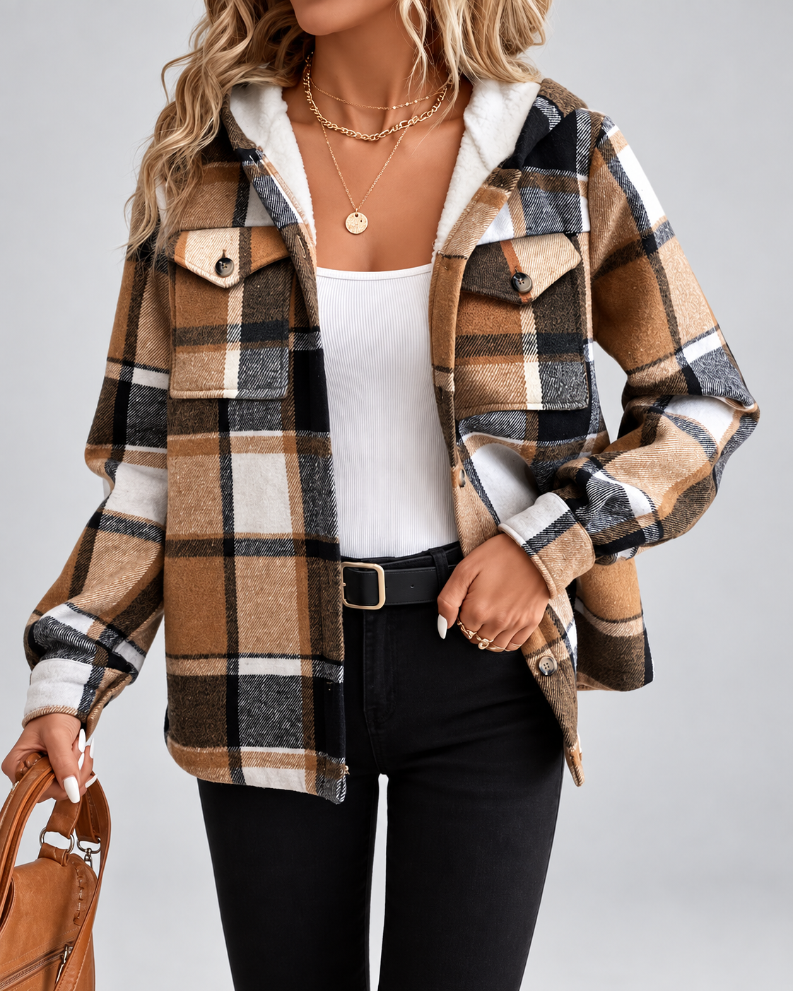 Women's Fleece Lined Plaid Jacket with Hood and Button Front