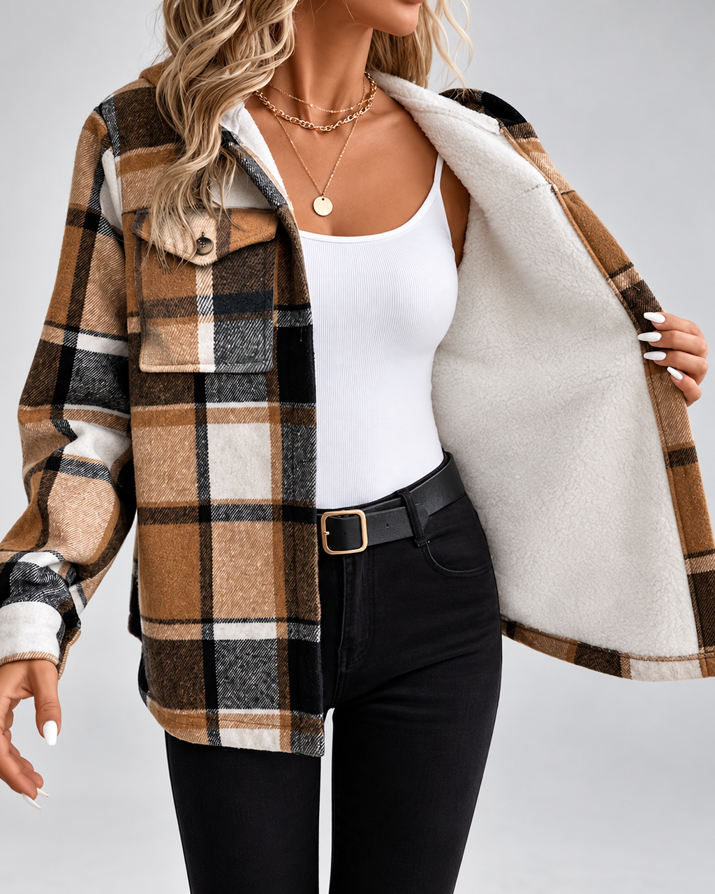 Women's Fleece Lined Plaid Jacket with Hood and Button Front