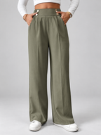 Women's High Waisted Wide Leg Office Trousers with Button Waist