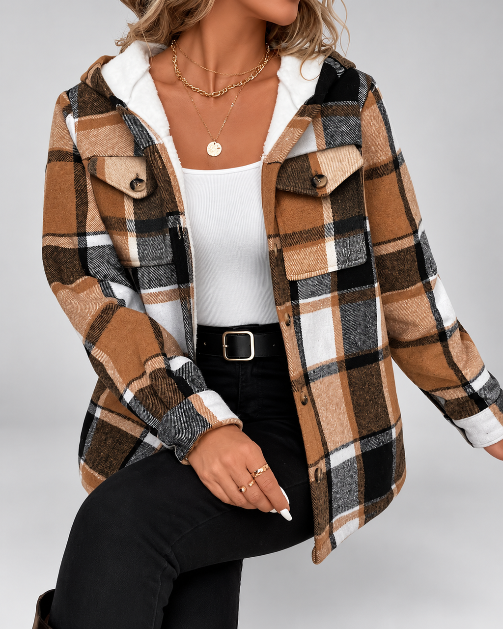 Women's Fleece Lined Plaid Jacket with Hood and Button Front