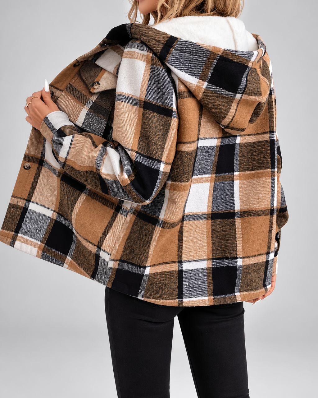 Women's Fleece Lined Plaid Jacket with Hood and Button Front