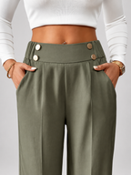 Women's High Waisted Wide Leg Office Trousers with Button Waist