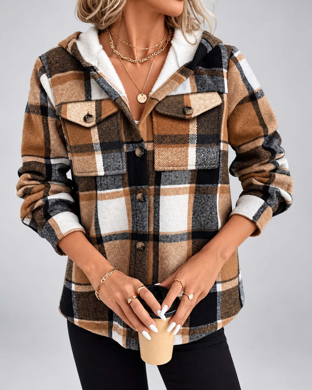 Women's Fleece Lined Plaid Jacket with Hood and Button Front