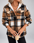 Women's Fleece Lined Plaid Jacket with Hood and Button Front