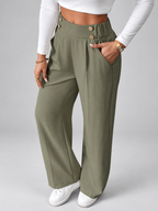 Women's High Waisted Wide Leg Office Trousers with Button Waist