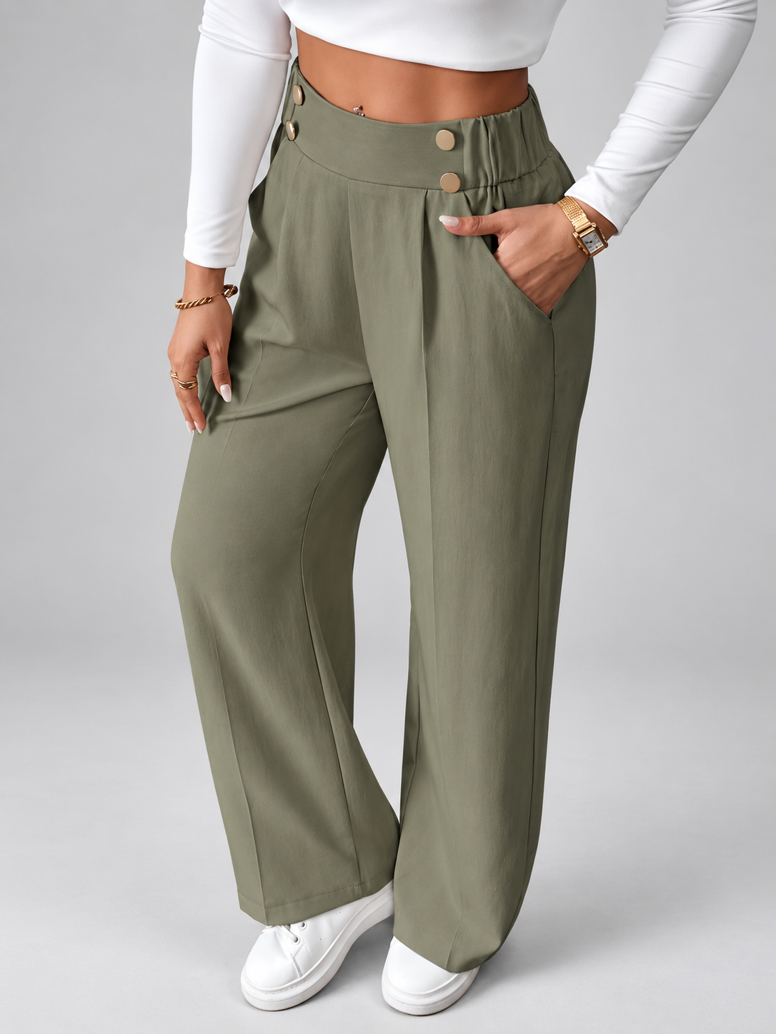 Women's High Waisted Wide Leg Office Trousers with Button Waist