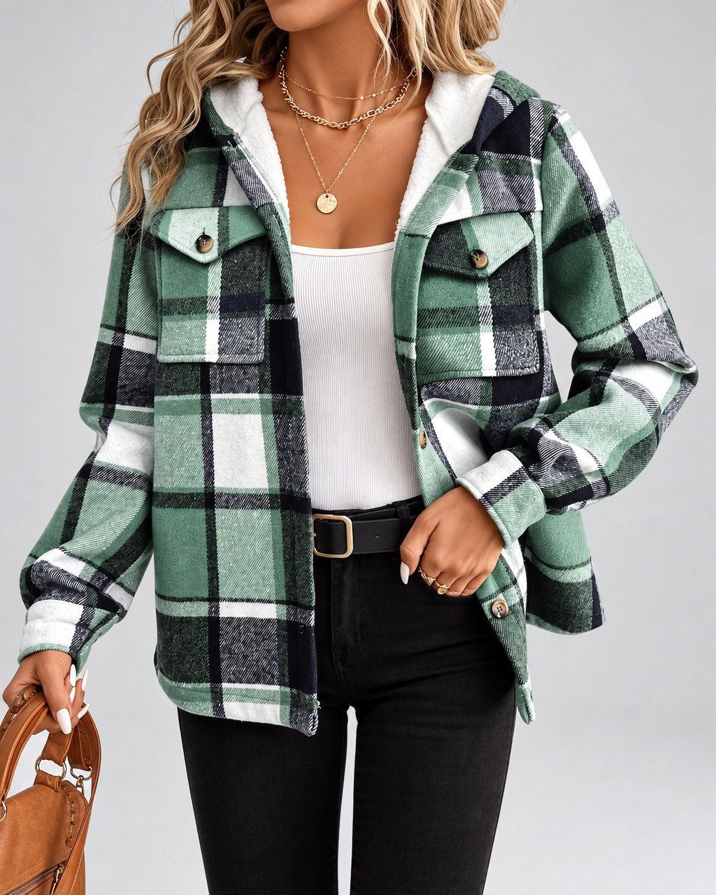 Women's Fleece Lined Plaid Jacket with Hood and Button Front