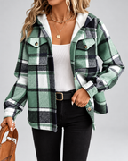 Women's Fleece Lined Plaid Jacket with Hood and Button Front