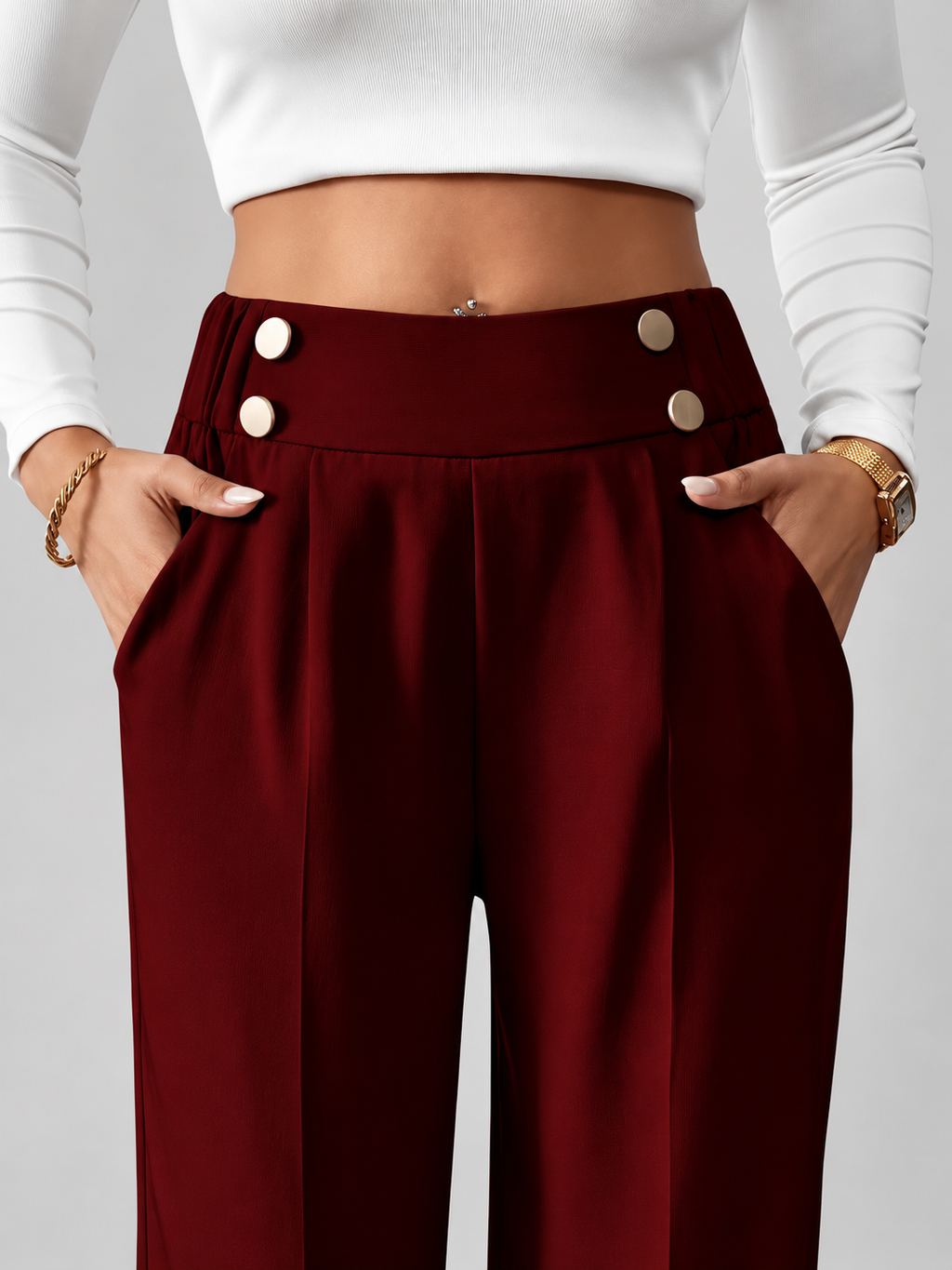 Women's High Waisted Wide Leg Office Trousers with Button Waist