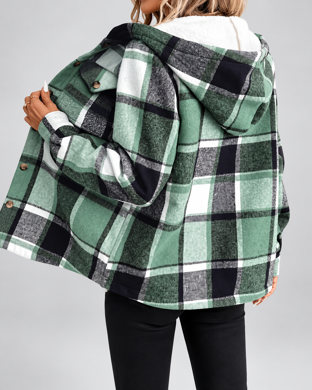 Women's Fleece Lined Plaid Jacket with Hood and Button Front