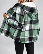 Women's Fleece Lined Plaid Jacket with Hood and Button Front
