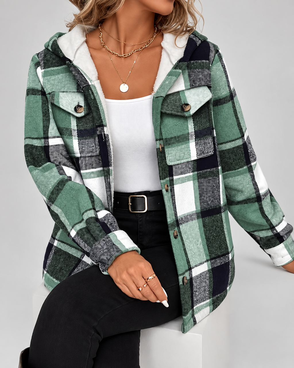 Women's Fleece Lined Plaid Jacket with Hood and Button Front