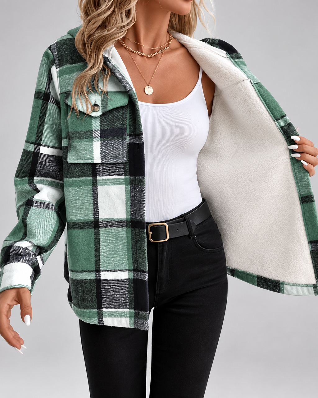 Women's Fleece Lined Plaid Jacket with Hood and Button Front
