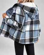 Women's Fleece Lined Plaid Jacket with Hood and Button Front