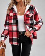Women's Fleece Lined Plaid Jacket with Hood and Button Front