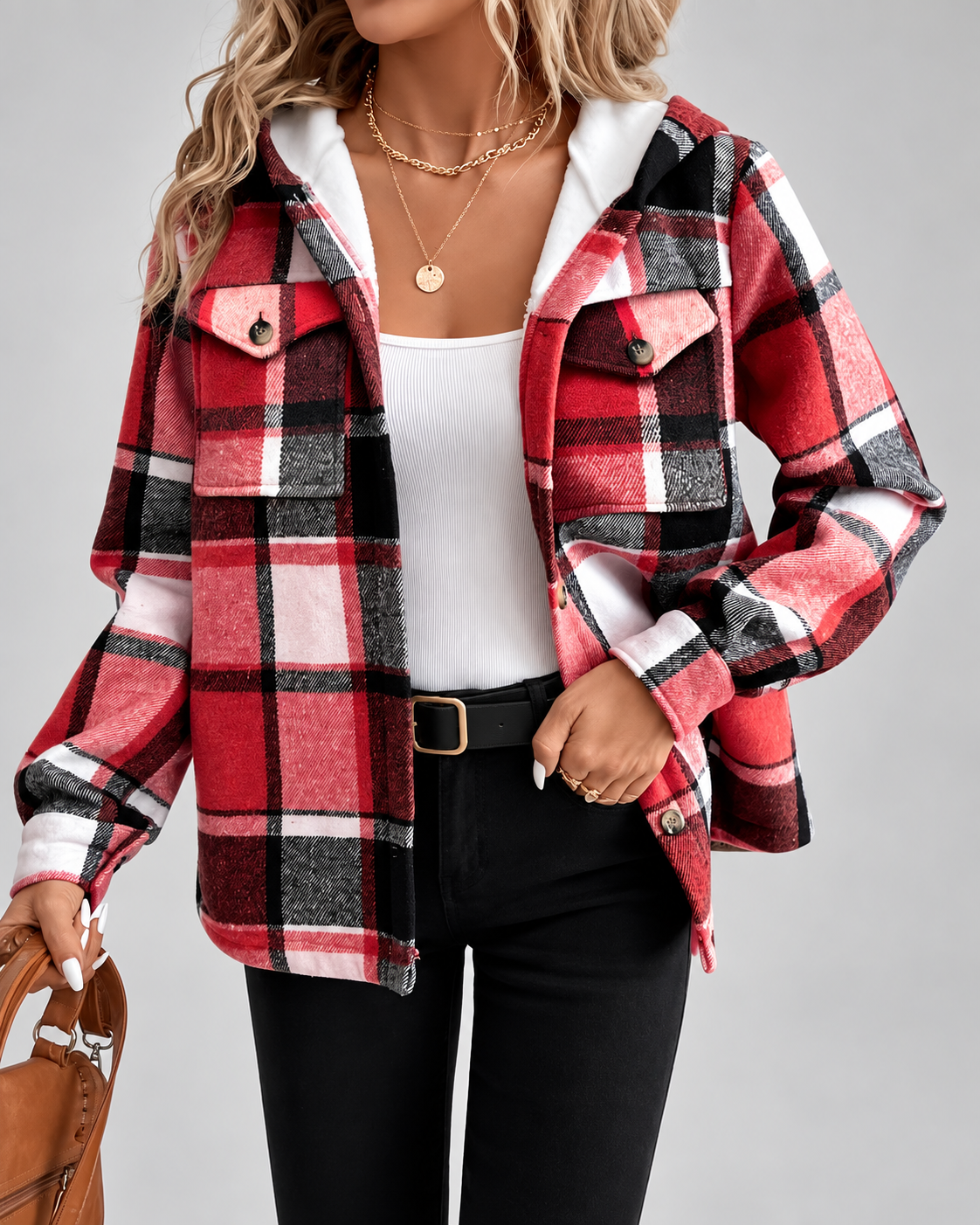 Women's Fleece Lined Plaid Jacket with Hood and Button Front