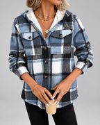 Women's Fleece Lined Plaid Jacket with Hood and Button Front