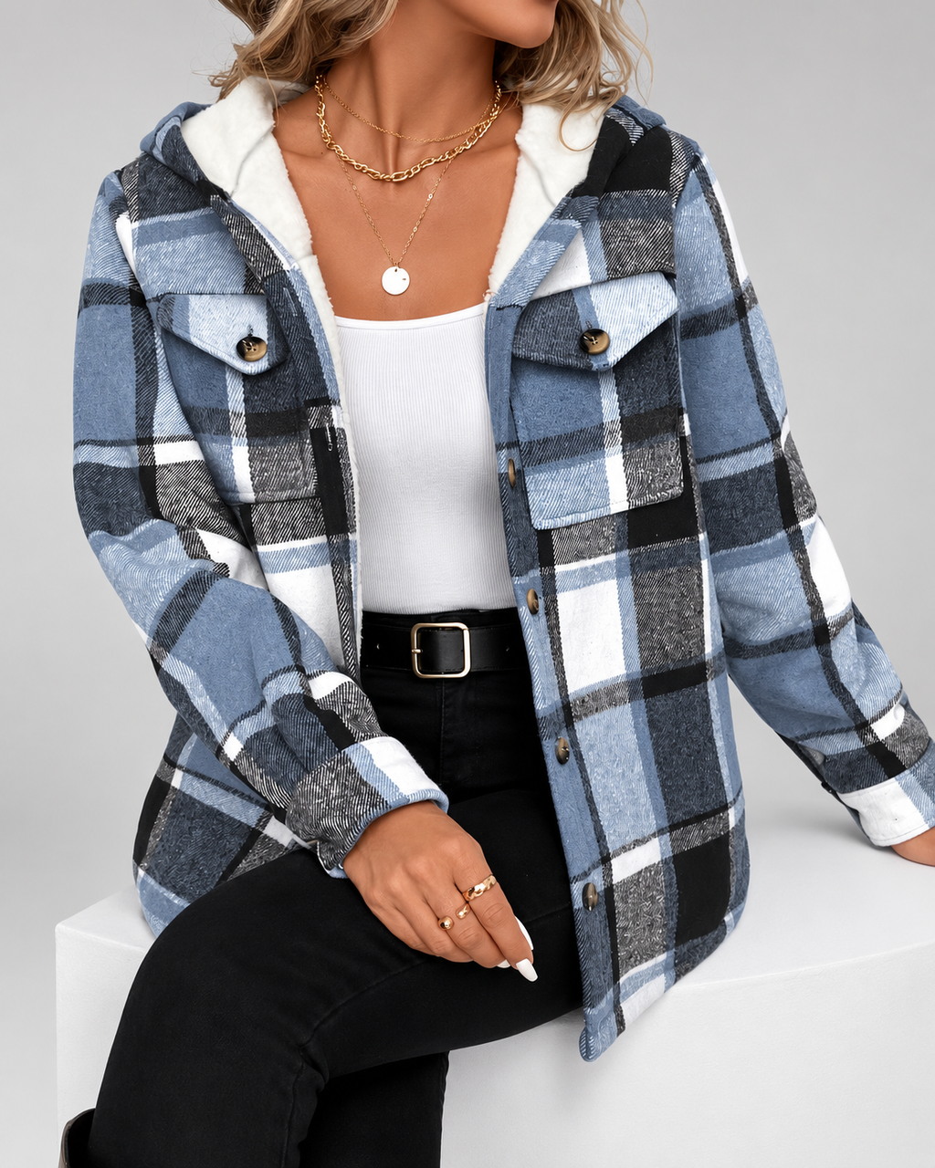 Women's Fleece Lined Plaid Jacket with Hood and Button Front