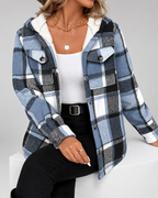 Women's Fleece Lined Plaid Jacket with Hood and Button Front