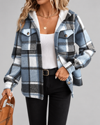 Women's Fleece Lined Plaid Jacket with Hood and Button Front