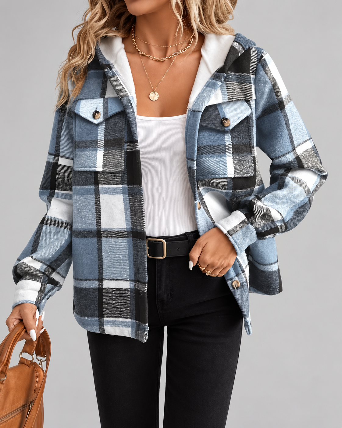 Women's Fleece Lined Plaid Jacket with Hood and Button Front