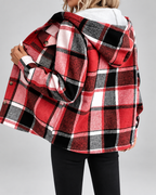 Women's Fleece Lined Plaid Jacket with Hood and Button Front