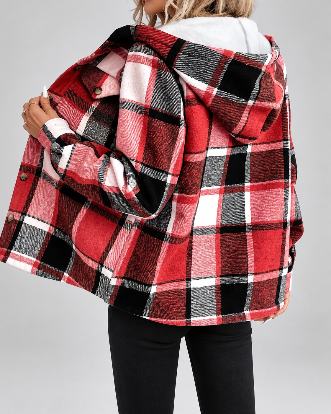 Women's Fleece Lined Plaid Jacket with Hood and Button Front