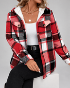 Women's Fleece Lined Plaid Jacket with Hood and Button Front