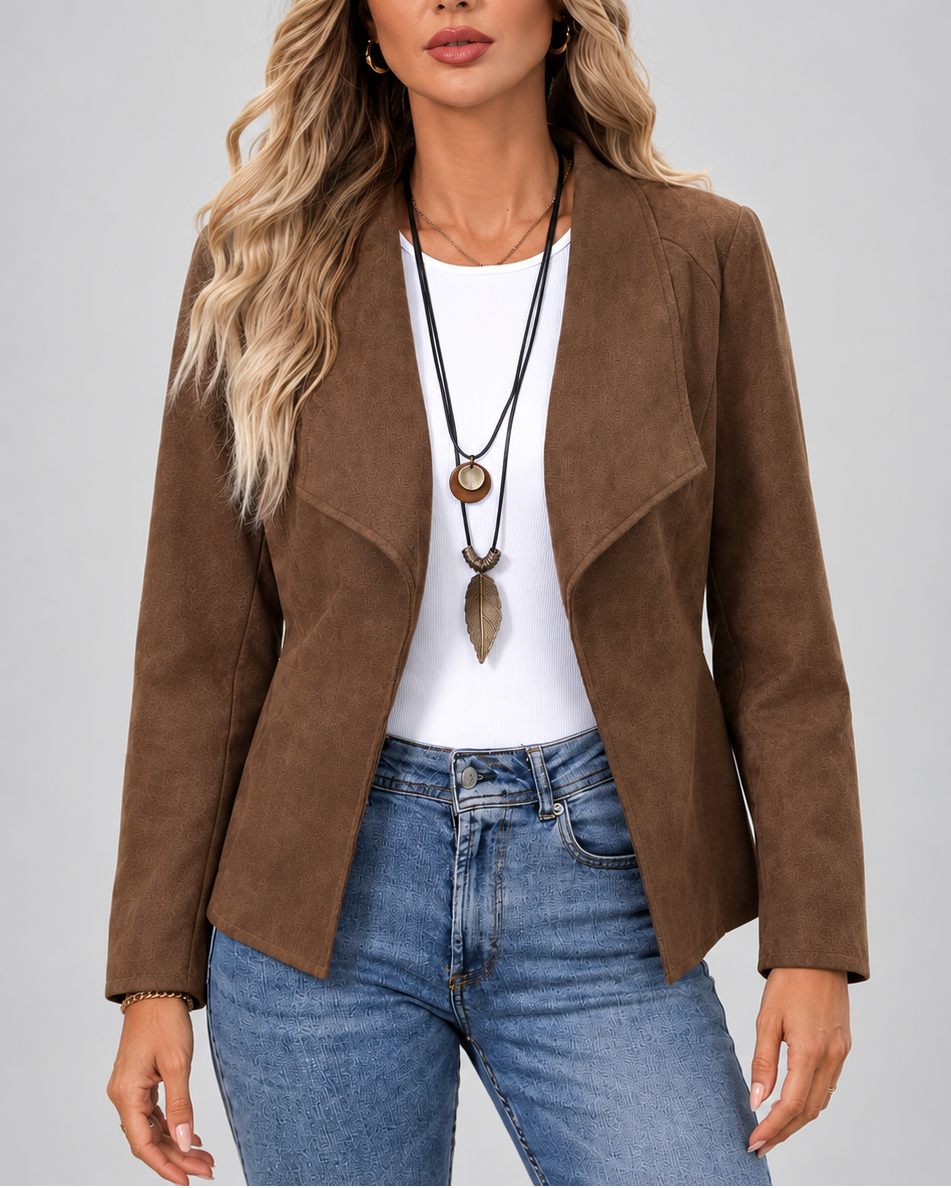 Women's Slim Fit Suede Style Jacket with Waterfall Collar and Open Front