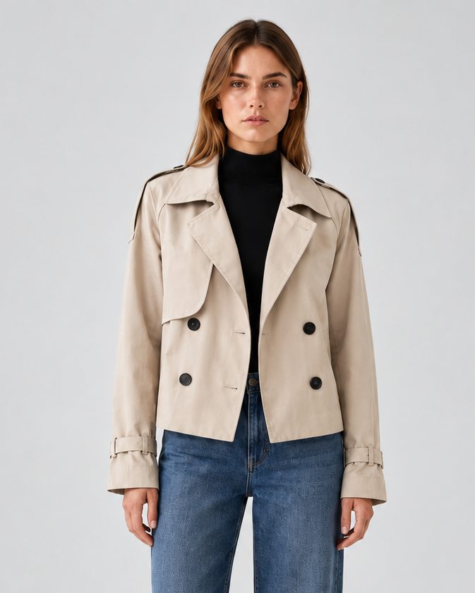 Women's Short Double Breasted Trench Coat with Lapel Collar